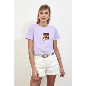 Trendyol Lila Printed Crop Knitted T-Shirt