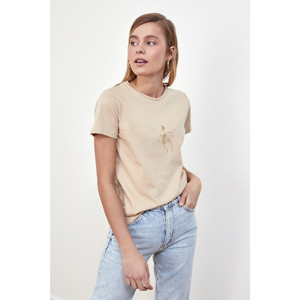 Trendyol Beige Embroidery Basic Knitted T-Shirt