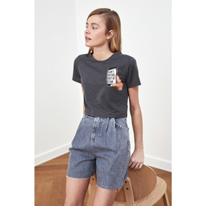 Trendyol Anthracite Printed Crop Knitted T-Shirt