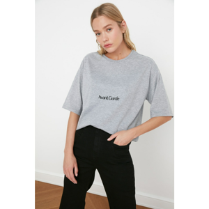 Trendyol Gray Cotton Blended Slogan Embroidered Relaxed/Wide Relaxed Cut Crew Neck T-Shirt