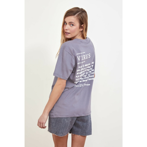 Trendyol Anthracite Back Printed Boyfriend Knitted T-Shirt