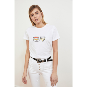 Trendyol White Printed Semi-Fitted Knitted T-Shirt