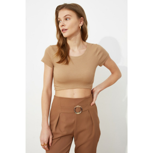 Trendyol Camel Front Oval Crop Wick Knitted Blouse