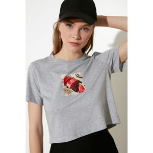 Trendyol Grey Printed Crop Knitted T-Shirt