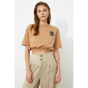 Trendyol Mink Embroidered Assynx Crop Knitted T-Shirt