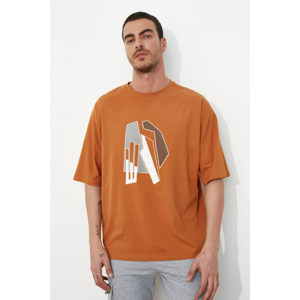 Trendyol Camel Men's Short Sleeve Oversize Fit 100% Cotton Printed TShirt