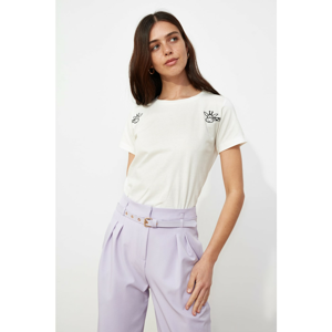 Trendyol Basic Knitted T-Shirt WITH Ekru Embroidery