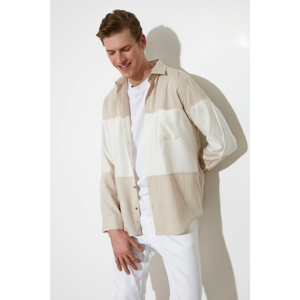 Trendyol Camel Men's Regular Fit Shirt Collar Paneled Long Sleeve Shirt
