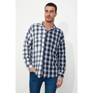 Trendyol Navy Blue Men's Relax Fit Apass Collar Long Sleeve Plaid Pocket Shirt