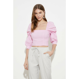 Trendyol Pink Crop Balloon Sleeve Houndstooth Blouse