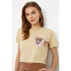 Trendyol Beige Printed Crop Knitted T-Shirt