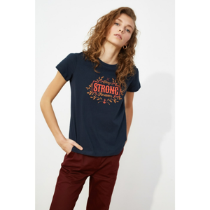 Trendyol Navy Blue Printed Basic Knitted T-Shirt