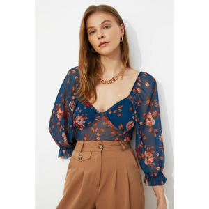 Trendyol Blue Printed Tulle Knitted Blouse