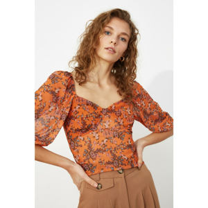 Trendyol Orange Printed Tulle Knitted Blouse