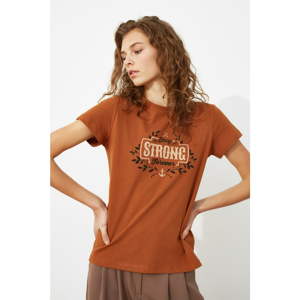 Trendyol Camel Printed Basic Knitted T-Shirt