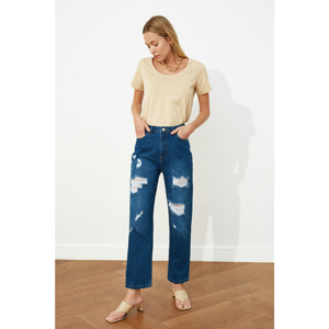 Trendyol Indigo Ripped Detail High Waist Straight Jeans