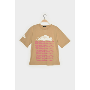 Trendyol Camel Loose Printed Knitted T-Shirt
