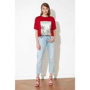 Trendyol Red Boyfriend Print knitted T-Shirt