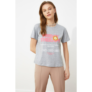 Trendyol Grey Semi-Fitted Printed Knitted T-Shirt