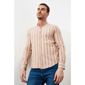 Trendyol Camel Men's Striped Slim Fit Long Sleeve ButtonEd Shirt Collar Shirt