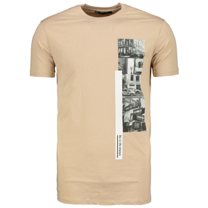 Trendyol Beige Men's Long Fit Bike Collar Short Sleeve Printed T-Shirt