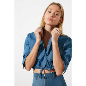 Trendyol Blue Beige Corded Crop Denim Shirt