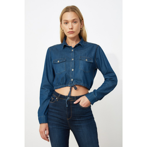 Trendyol Navy Blue Beige Corded Crop Denim Shirt