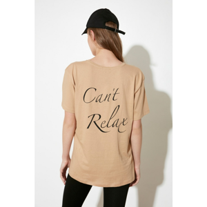 Trendyol Camel Printed Boyfriend Knitted T-Shirt