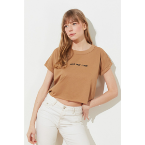 Trendyol Camel Embroidered Basic Knitted T-Shirt