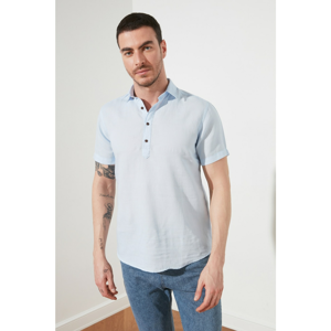 Trendyol Blue Men's Regular Fit Half Pat 100% Linen Shirt