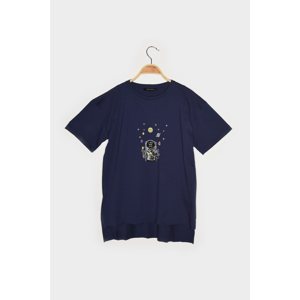 Trendyol Navy Blue Printed Asymmetric Boyfriend Knitted T-Shirt