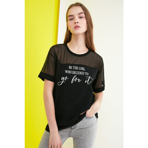 Trendyol Black Tulle Detailed Printed Boyfriend Knitted T-Shirt