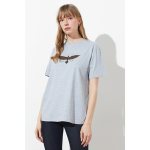 Trendyol Grey Front and Back Printed Boyfriend Knitted T-Shirt