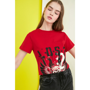 Trendyol Red Printed Crop Knitted T-Shirt