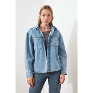 Trendyol Blue Sewing Detailed Denim Shirt