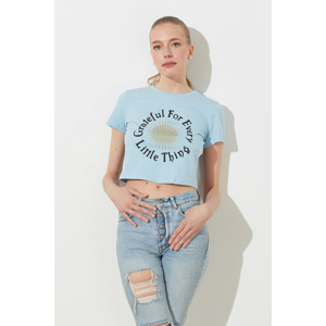Trendyol Light Blue PrintEd Crop Knitted T-Shirt