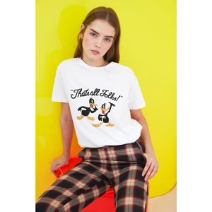 Trendyol White Daffy Duck Licensed Printed Semifitted Knitted T-Shirt