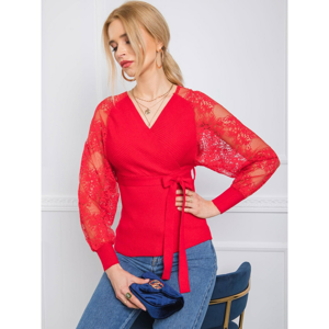 Red sweater with lace sleeves