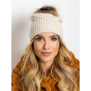 Cap with a braid weave and a fur pompom, light beige