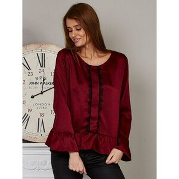 Satin burgundy blouse with a decorative front