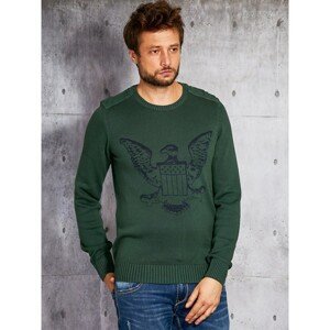 Men´s sweater with a dark green emblem