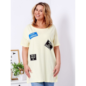 Yellow T-shirt with a print of PLUS SIZE patches