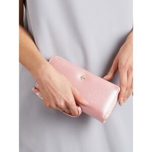 Oblong light pink pearl wallet with a zipper
