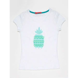 White T-shirt for a girl with a turquoise pineapple patch