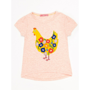 Girls´ pink melange t-shirt with a colorful hen