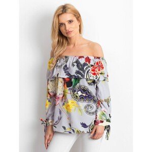 Light gray Spanish blouse with colorful patterns