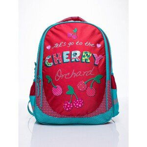 Red school backpack with a fruit motif