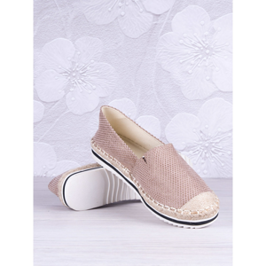 Beige espadrilles with a rubber sole and golden rhinestones