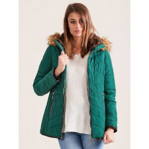 Green quilted winter jacket with fur hood