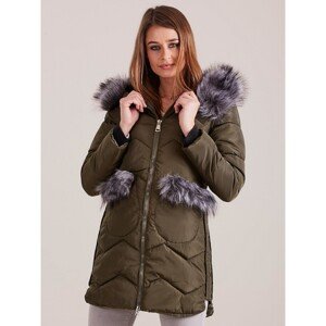 Khaki winter jacket with fur trim